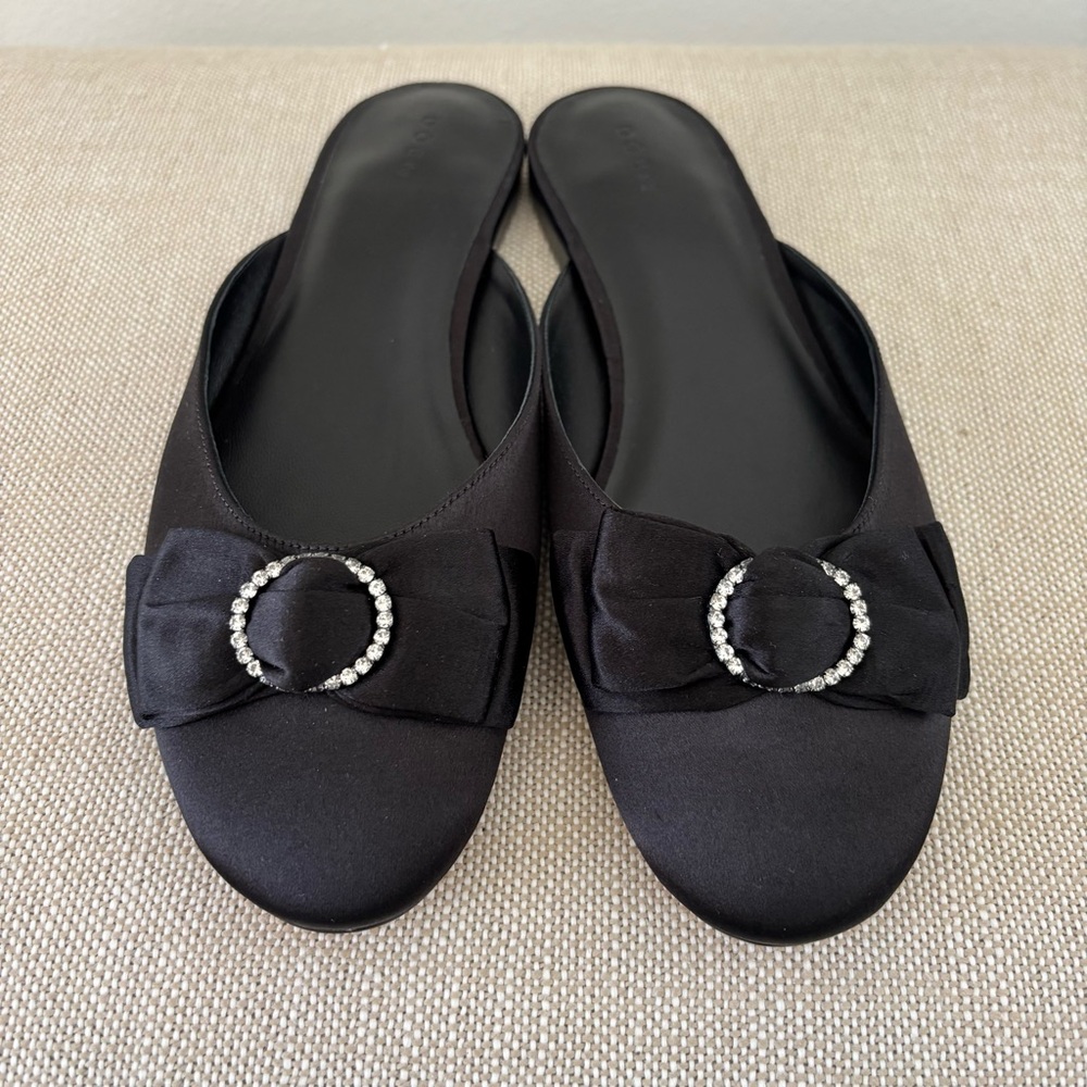 Doen Tilly Mule NWT Round Toe Black Satin Rhinestone Buckle Bow